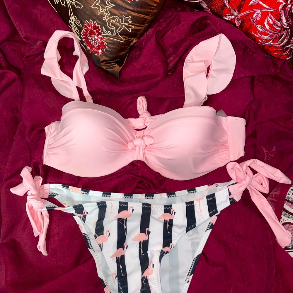 Pink/Stripes Flamingo 🦩 bikini XL never worn